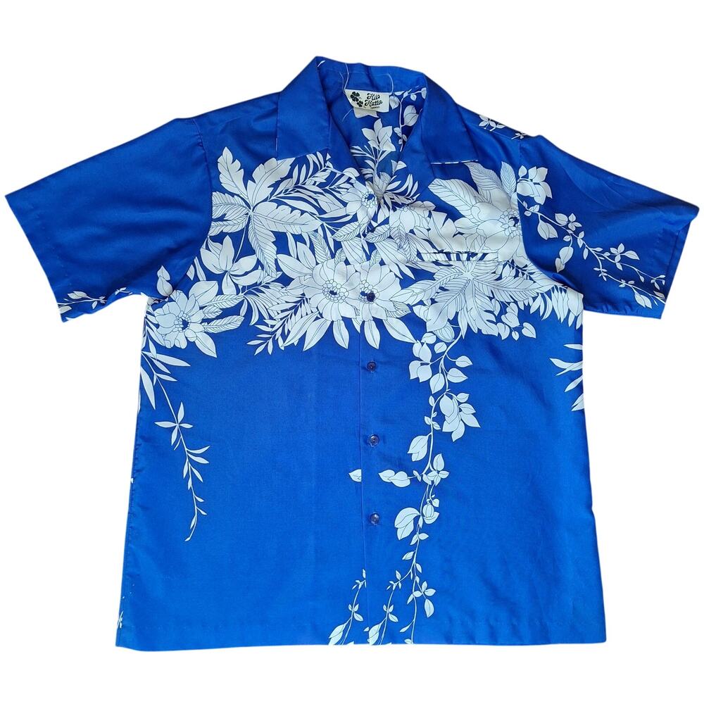 VTG Hilo Hattie Men Hawaiian Shirt Royal Blue White Floral Aloha Made USA EUC XL